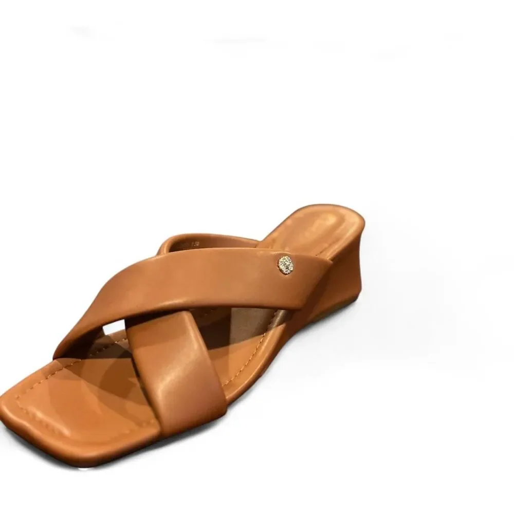 Anne Klein Waiola Wedge Sandals Tan Brown Crisscross Strappy Open Toe 8.5 NWOT